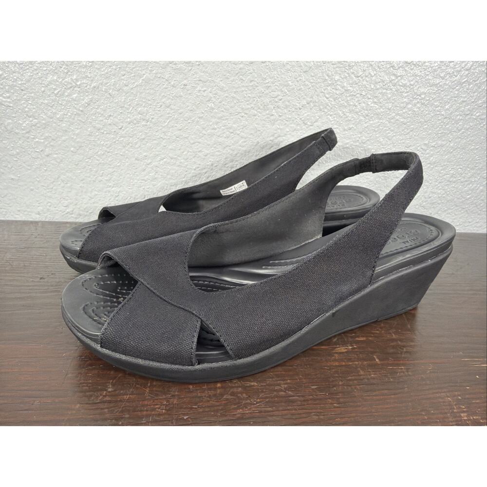 Crocs Leigh Ann Wedge Sandals Womens 10 Black Canvas Slingback Peep Toe 204948